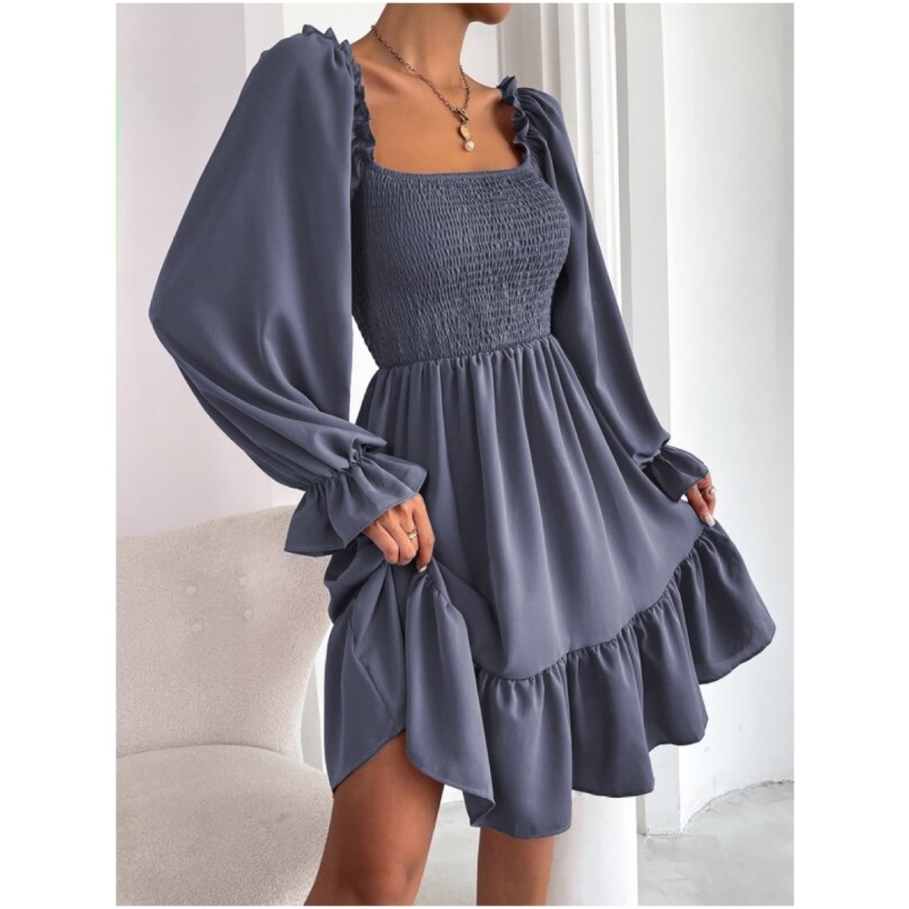 Boho Cream Flounce Ruffle Sleeve Mini Dress Minimalist - Picture 5 of 11